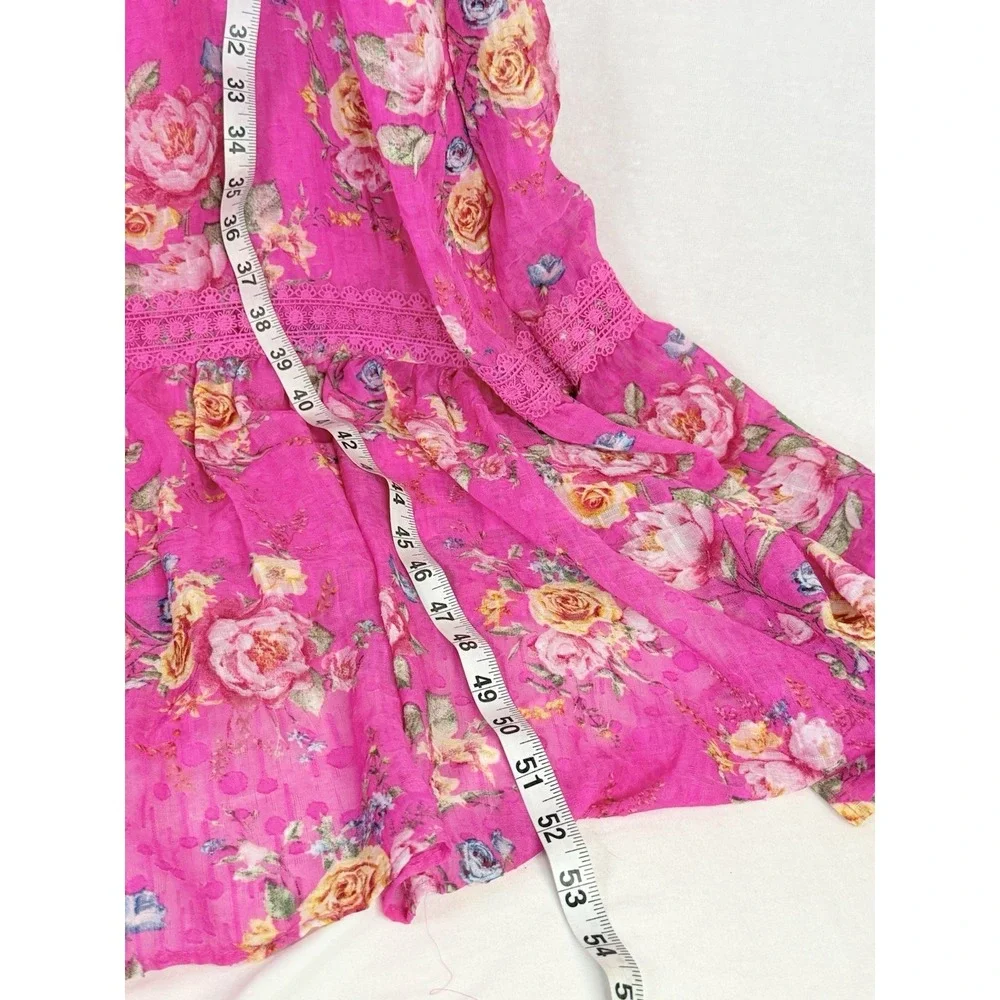 Blu‎ Pepper Pink Floral Lace Trim Maxi Dress Cottagecore Boho Romantic Size L